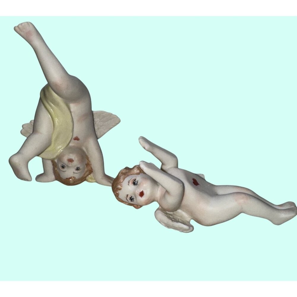 2 Vintage Cherub Piano Babies Heart Eyelashes Handpainted Pixie Angel